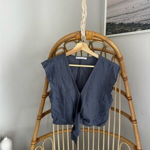 Abercrombie & Fitch Blue Linen Tie Front Crop Top Small